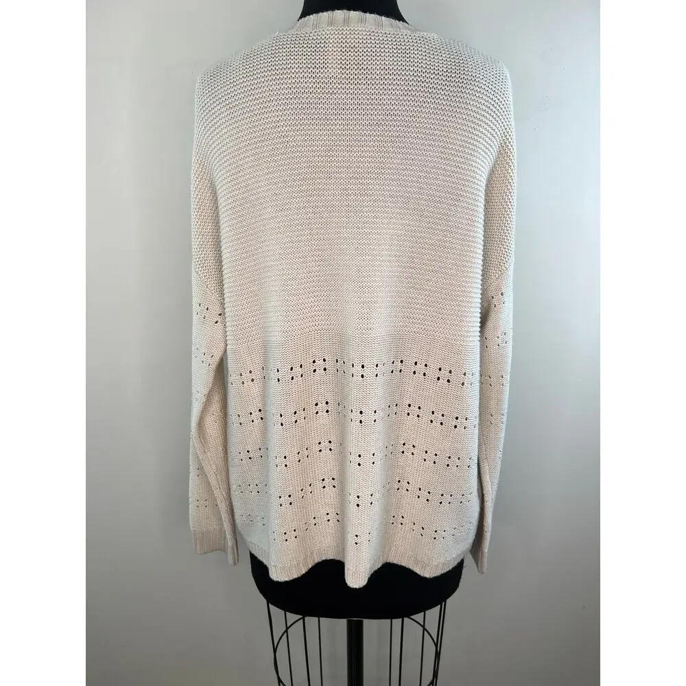 Manoukian Ivory V-Neck Relaxed Fit Long Sleeve Knit Top Sweater Medium Large M/L